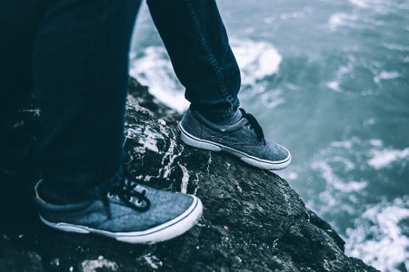 people, man, shoes, sole, water, ocean, sea, beach, waves, rock
