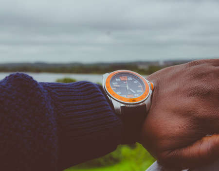 people, man, hand, watch, time, clock, clouds, sky, accessory