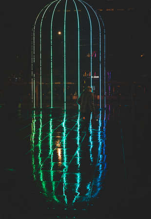 dark, night, building, light, reflection, people, man, walking, city