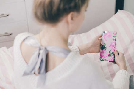 people, woman, iphone, apple, case, bed, sheets, morning, chill, relax