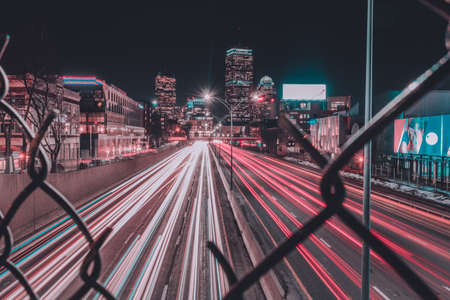 wire, fence, view, street, road, city, buildings, urban, lights, night