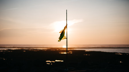 nature, landscape, water, ocean, sea, beach, flag, pole, sunset, clouds, sky