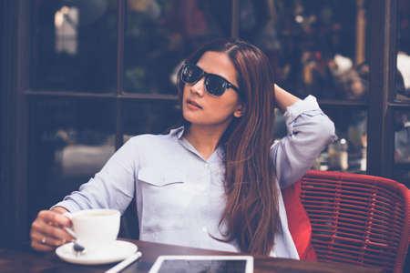 people, woman, beauty, shades, sunglasses, coffee, chill, relax, table, chair, mug, cup, spoon,...