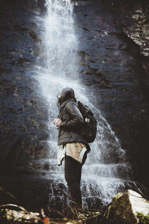 nature, people, woman, back pack, travel, adventure, water, falls