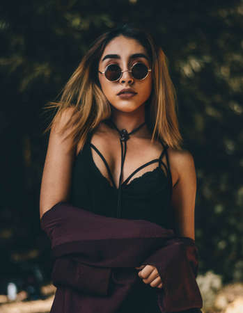 woman, girl, sunglasses, model, fashion, black, bokeh, blur, necklace, plants, clothing,