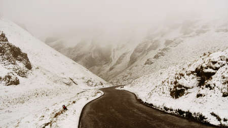 mountain, highland, landscape, fog, snow, winter, road, street, travel, outdoor