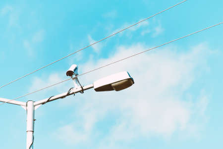 cable, wire, pole, lamp, light, cctv, camera, security, blue, sky, cloud