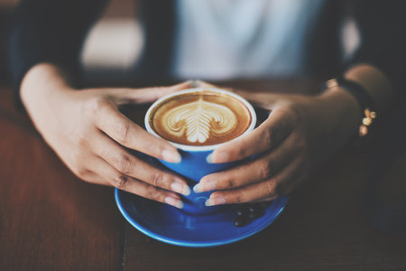coffee, latte, art, espresso, coffee shop, caffelatte, cup, wooden, table, brown, hands