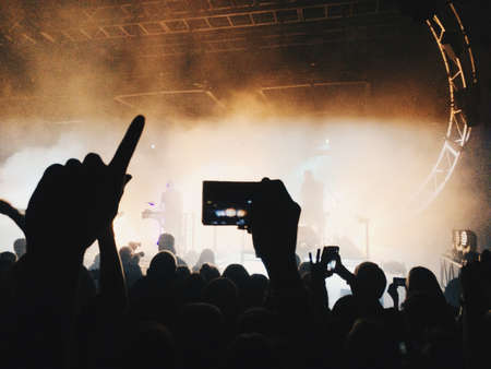 silhouette, people, fans, performer, camera, mobile, phone, concert, smoke, lights, singer, band,...