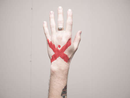 people, man, hand, tattoo, paint, art, red, cross, ring