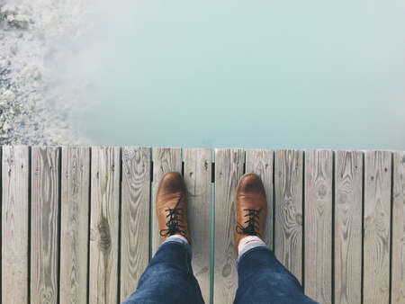 shoes, knot, footwear, wooden, floor, guy, work, business, water, bridge