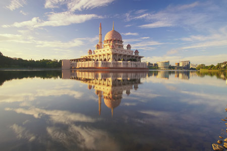 building, lake, reflection, architecture, infrastructure, trees, view, mosque, sky, clouds