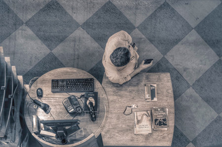work, desk, office, mouse, pad, table, desktop, computer, business, books, shelf, people, man