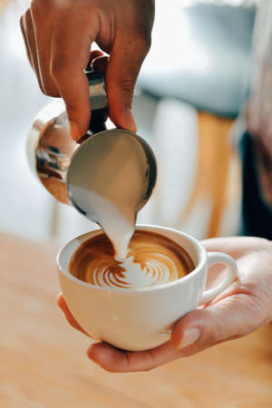 hand, palm, steamed, milk, coffee, latte, art, espresso, cup