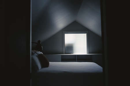 house, architecture, bedroom, bed, pillow, window, door, black and white