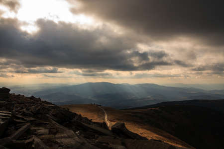 mountain, highland, dark, cloud, sky, summit, ridge, landscape, nature,path, road, rocks