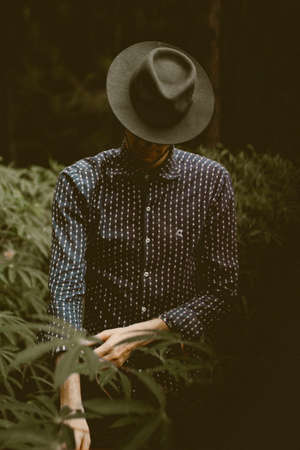 people, guy, man, nature, outdoor, fashion, hat, dark, blur, back, green, leaf