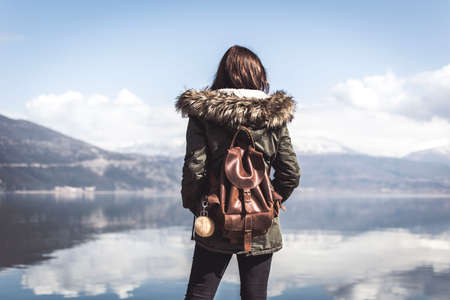 people, woman, travel, bag, adventure, alone, mountain, lake, water, reflection