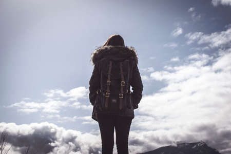 people, woman, travel, bag, adventure, alone, mountain, sky, clouds