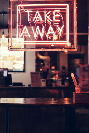 restaurant, table, food, take away, dark, night, lights, sign, counter
