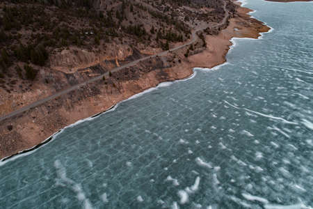 sea, ocean, water, nature, wave, snow, winter, coast, aerial, road, highland, landscape