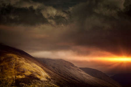 dark, sky, mountain, highland, landscape, green, grass, field, travel, sunset