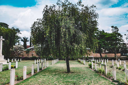 nature, landscape, trees, green, cemetery, clouds, sky, death, grass, tomb