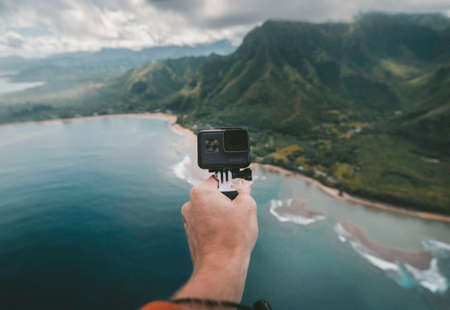 hand, go pro, camera, selfie, nature, landscape, mountain, travel, adventure, water, ocean, sea,...