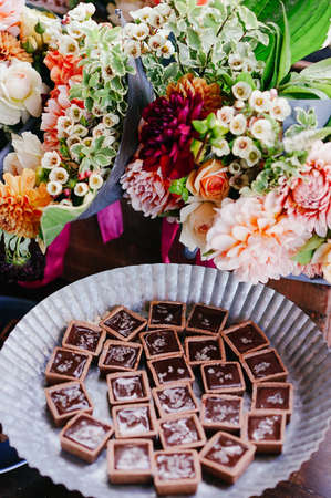 chocolates, dessert, platter, flowers, restaurant