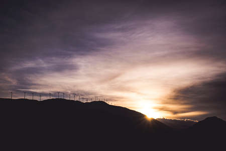 nature, landscape, mountain, windmill, turbine, shadow, silhouette, clouds, sky, sunset
