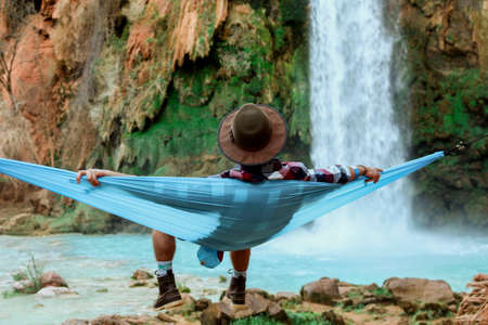 people, man, chill, relax, hammock, nature, landscape, woods, forest, water, falls, rock, stone