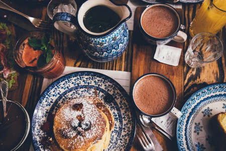 hot, chocolate, drink, food, cup, glass, tea, juice, plate, pancake, snack, table, restaurant