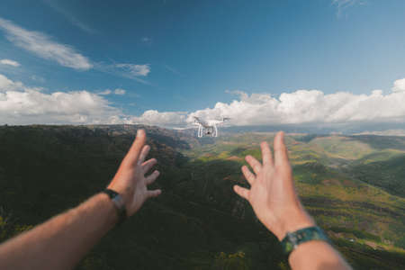 mountain, highland, cloud, sky, summit, ridge, landscape, nature, valley, people, hands, palm