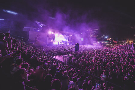 dark, night, party, concert, performance, stage, people, man, woman, audience, crowd, smoke