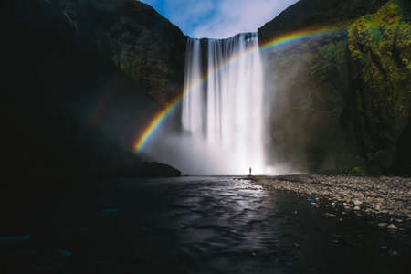 mountain, landscape, highland, nature, waterfalls, sky, clouds, green, rocks, sand, rainbow