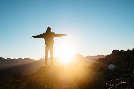blue, sky, sunshine, sunlight, sunrise, mountain, hill, rocks, people, man, alone