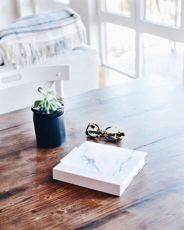 wooden, table, book, eyewear, eyeglasses, green, plant, interior, chair, living, room
