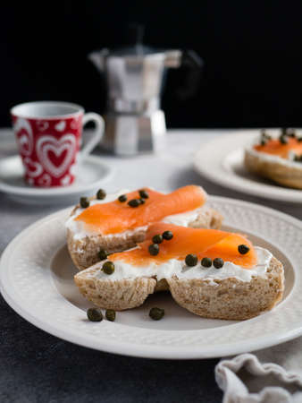 food, bread, salmon, meat, breakfast, lunch, dinner, restaurant, plate, cup, drink