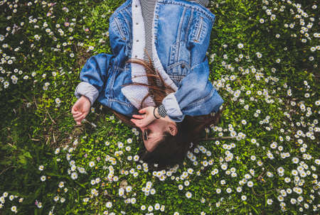 green, grass, flowers, people, girl, woman, rest, denim, jacket