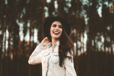 people, girl, woman, alone, hat, fashion, model, beauty, smile, happy, nature, blur