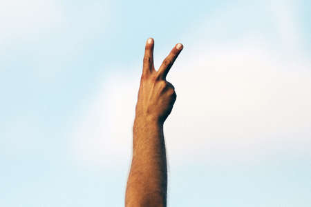 hand, fingers, peace, clouds, sky, blue, white, brown