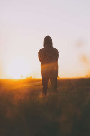 people, man, guy, alone, hoodie, highland, field, sunrise, sunset, sunlight, sky
