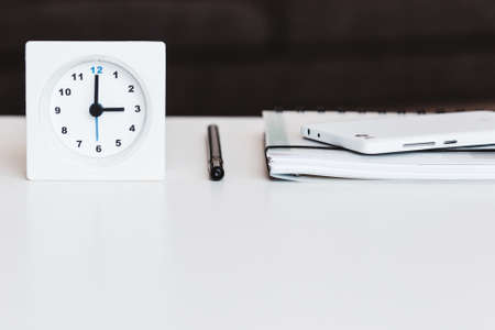 lifestyle, office, desk, clock, pen, notebook, smartphone, white, modern