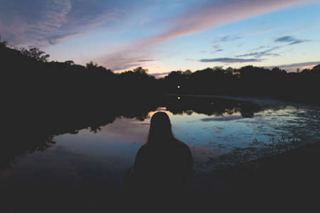 people, girl, sitting, alone, dark, night, outdoor, trees, plant, nature, lake, water, reflection,...