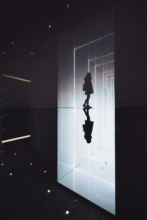 people, woman, alone, walking, building, indoor, dark, silhouette, floor, reflection