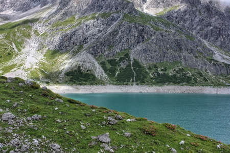 mountain, highland, rocks, green, grass, landscape, nature, valley, blue, lake, water, view, travel