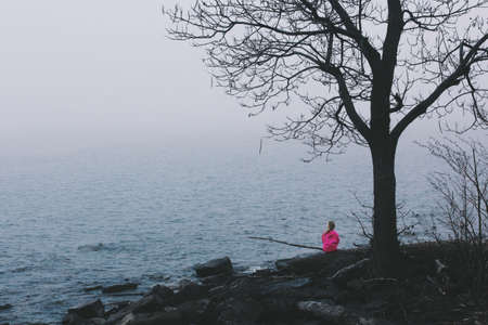 people, kid, child, girl, fishing, outdoor, tree, plant, nature, coast, sea, ocean, water