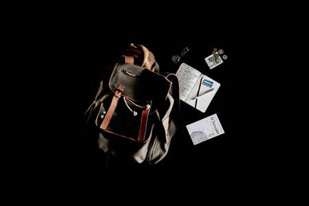 travel, bag, backpack, notebook, book, pennies, watch, black