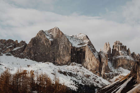 snow, winter, cliff, rocks, mountains, hill, trees, plants, nature, highland, valley, sky, clouds
