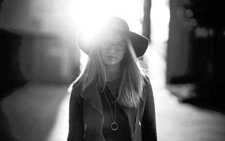 people, woman, girl, lady, hat, glasses, black and white, grayscale, monochrome